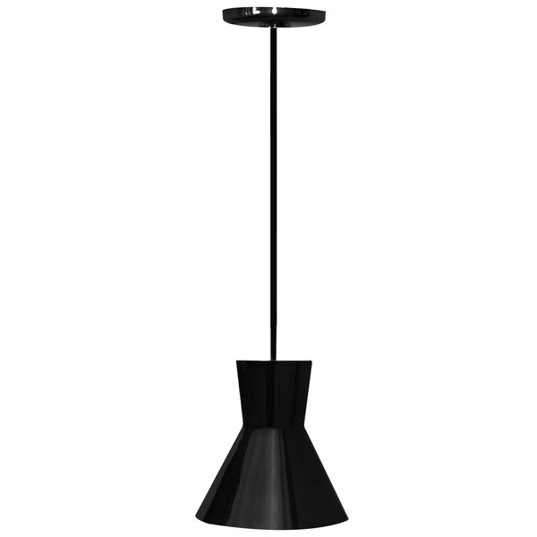A Hanson Heat Lamps black ceiling mount heat lamp with a long black stem.