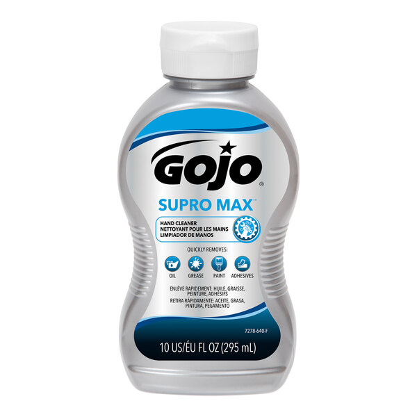 A bottle of GOJO Supro Max liquid hand cleaner with white and blue label.