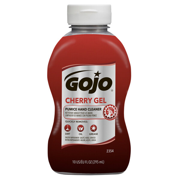A case of 8 GOJO cherry gel pumice hand cleaner bottles on a counter.