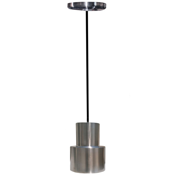 A Hanson Heat Lamps stainless steel heat lamp hanging from a black pole.