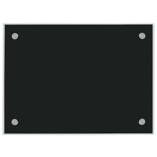 A black rectangular glass sign with silver metal rivets.