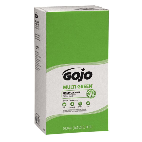 A white and green box of GOJO Multi Green Hand Cleaner with a green label.