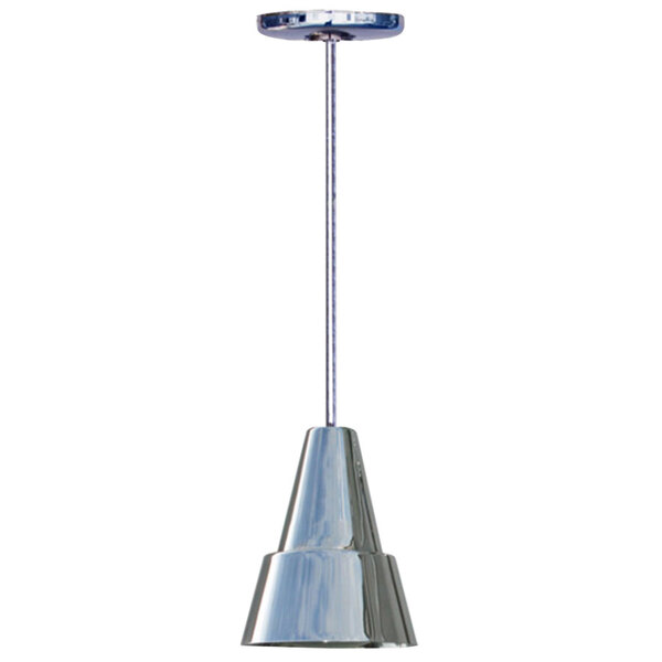 A Hanson Heat Lamps ceiling mount heat lamp with a chrome finish on a long metal pole.