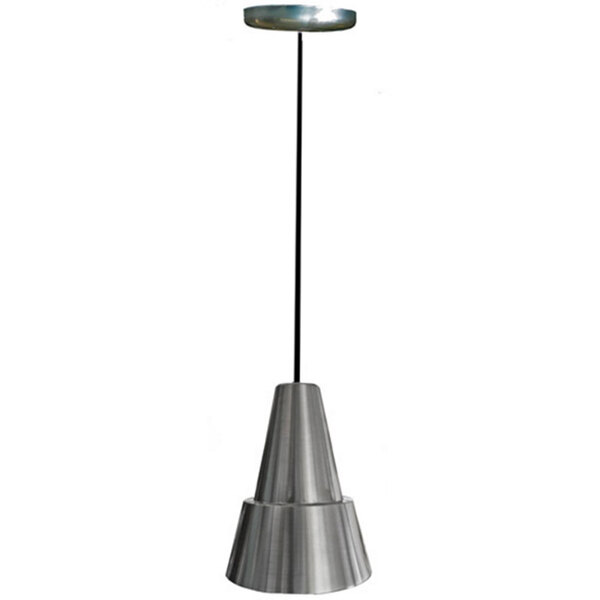 A Hanson Heat Lamps ceiling mount heat lamp with a stainless steel finish over a bar.