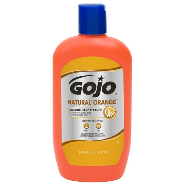 A case of GOJO Natural Orange Hand Cleaner with orange liquid in bottles.