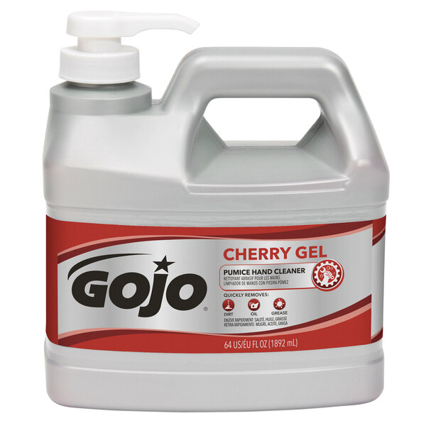 A case of four half-gallon bottles of GOJO cherry gel pumice hand cleaner on a counter.