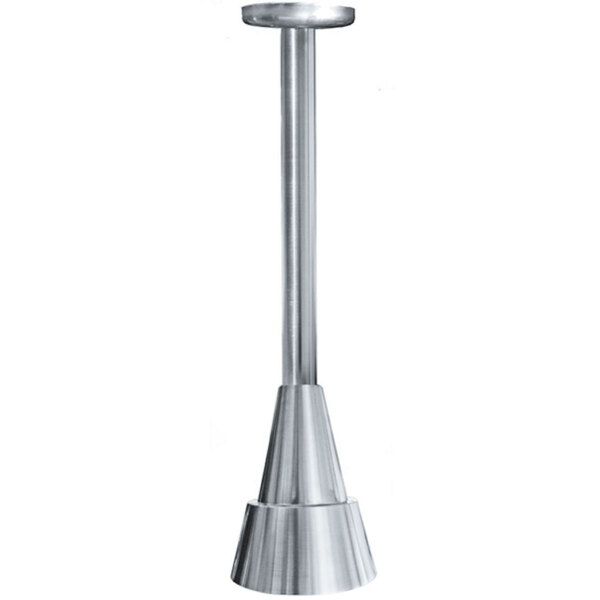 A silver pole with a round base and a silver cone-shaped lamp shade.