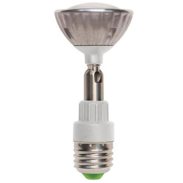 A close-up of a Hatco Chef LED light bulb with a white and green cap.