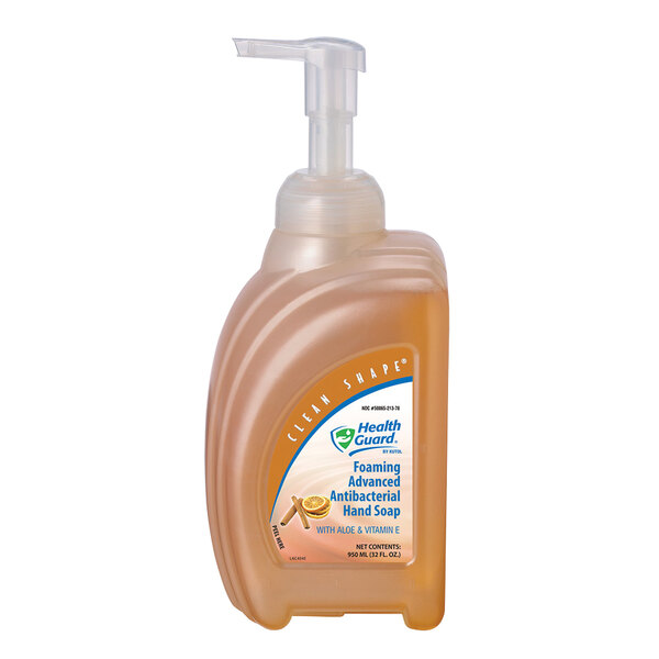 A Kutol Health Guard plastic bottle of foaming hand soap with a pump.