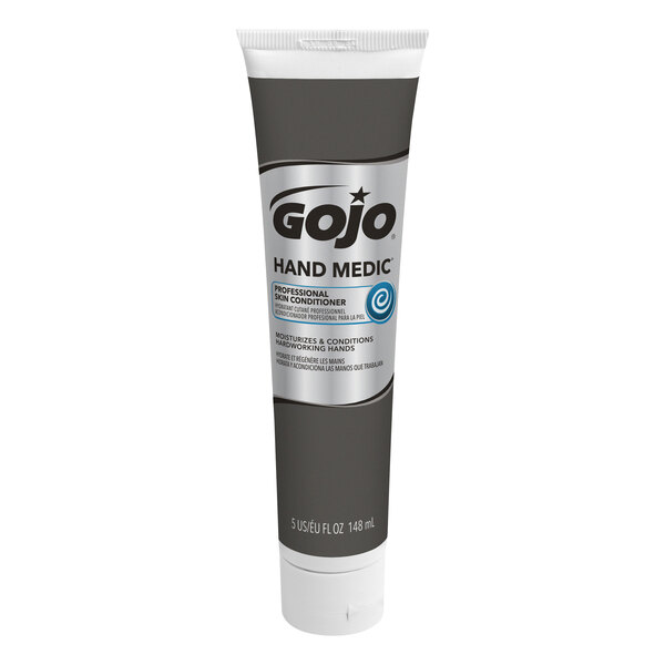 A close up of a GOJO Hand Medic bottle with white and blue packaging.