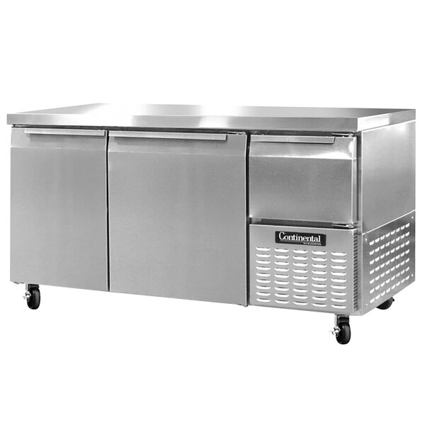 A stainless steel Continental Refrigerator undercounter refrigerator with two drawers.