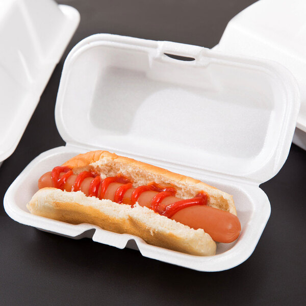 A hot dog with ketchup in a white styrofoam container.