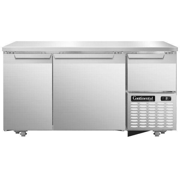 A stainless steel Continental undercounter freezer with two doors.