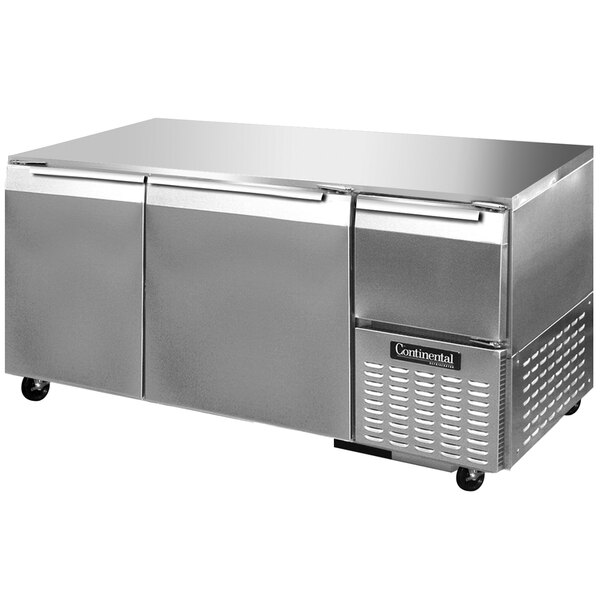 A large stainless steel Continental Refrigerator undercounter refrigerator with two drawers.