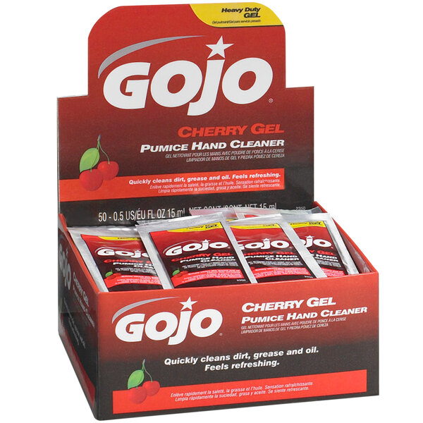 A display box of 2 cases of GOJO Cherry Gel Pumice Hand Cleaner.