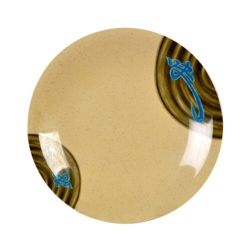 A round beige melamine plate with a blue design on it.