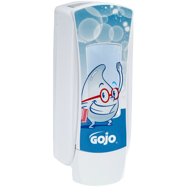 A white and blue GOJO hand soap dispenser.
