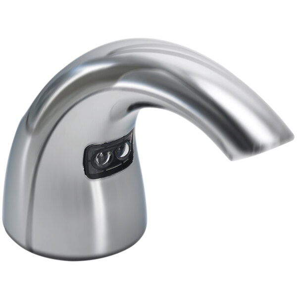 A brushed nickel GOJO counter mount touchless soap dispenser with a black button.