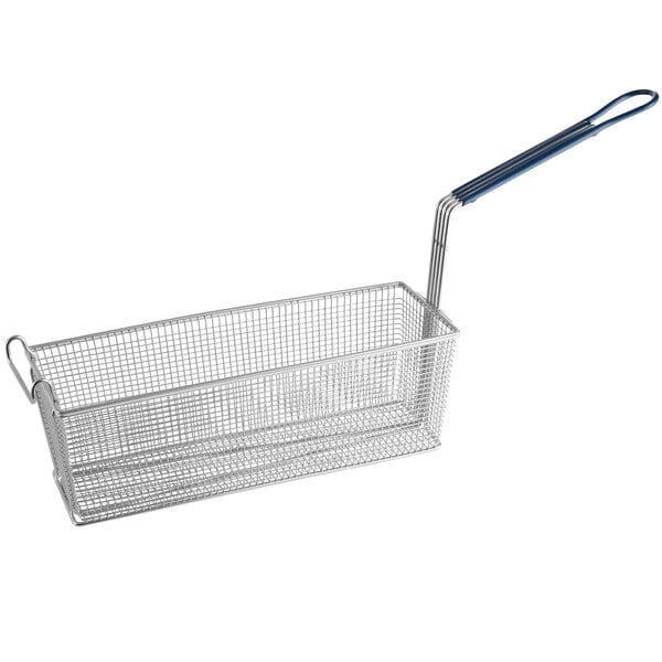 A Pitco triple size wire fryer basket with a blue handle.