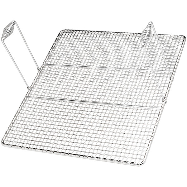 A stainless steel metal rack with wire mesh and handles.