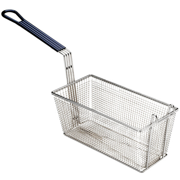 A Pitco twin size stainless steel wire fryer basket with front hook.