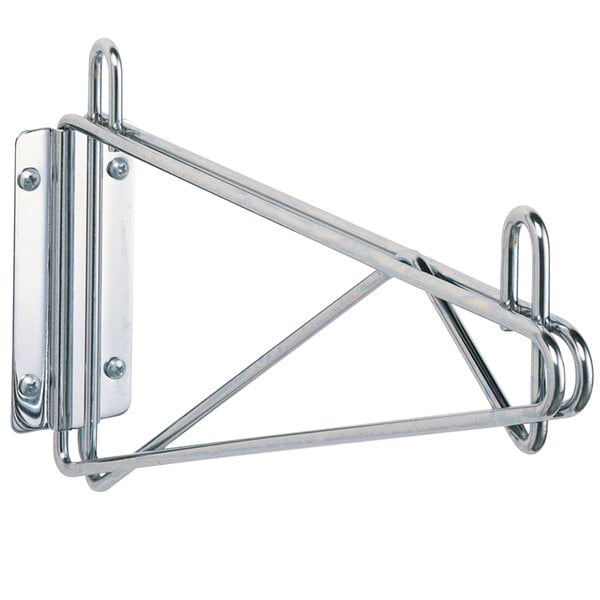 A Metro Super Erecta chrome steel wall mount shelf bracket with two hooks.