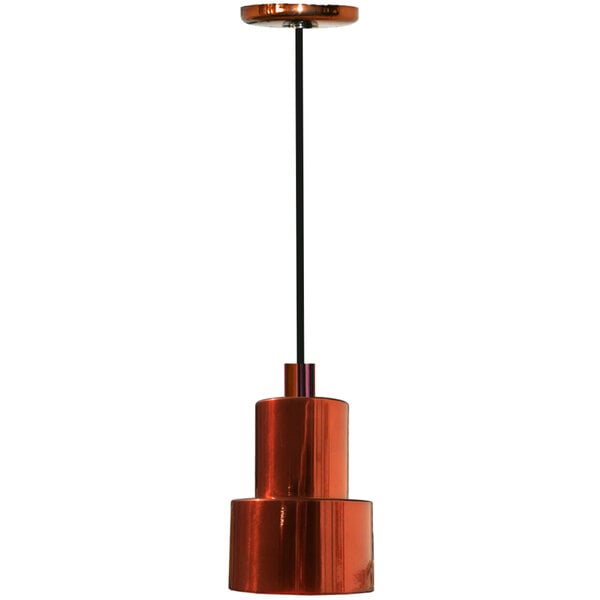 A Hanson Heat Lamps ceiling mount heat lamp with a smoked copper finish over a black and red cylinder.