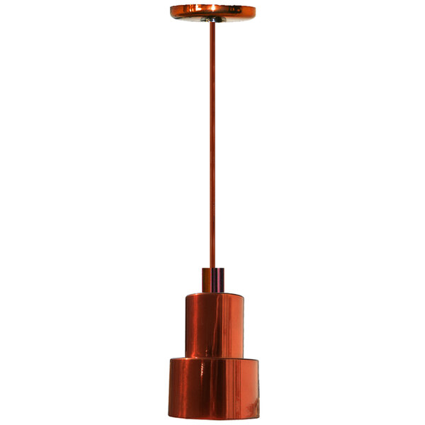 A Hanson Heat Lamps ceiling mount heat lamp with a smoked copper metal shade.