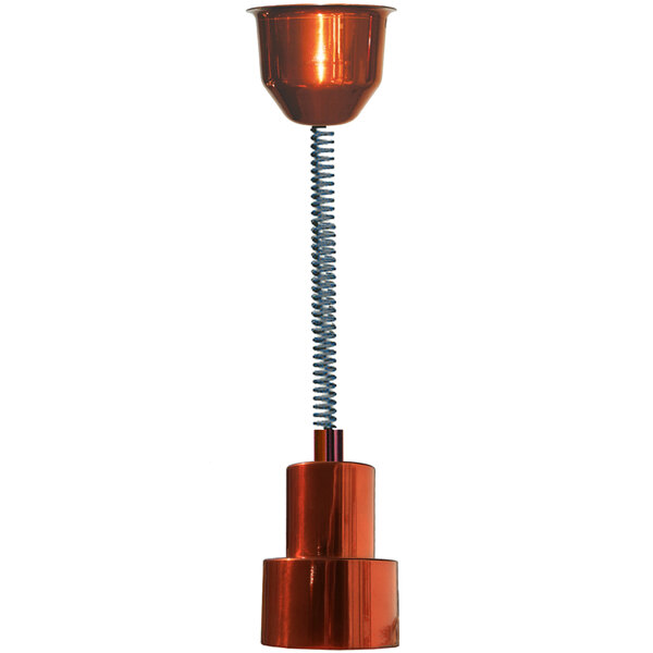 A shiny copper Hanson Heat Lamps ceiling mount with a red cylindrical cord retraction.