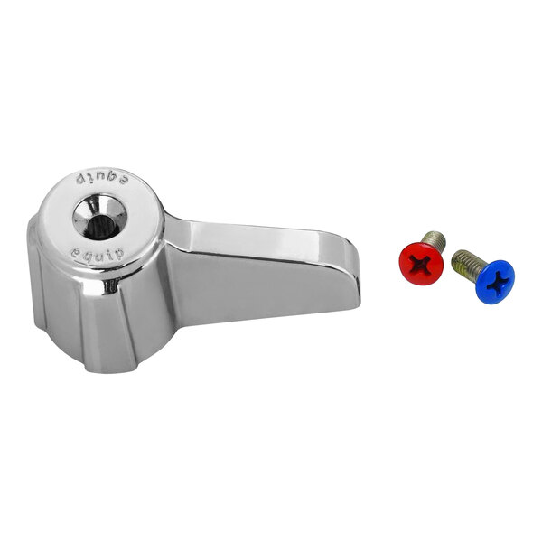 A chrome Equip by T&S faucet lever handle with screws and a screwdriver.