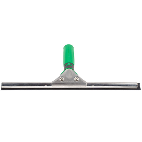 An Unger ErgoTec window squeegee with a green plastic and ergonomic handle.