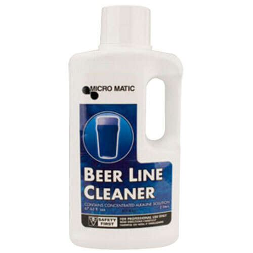 A white plastic jug of Micro Matic Alkaline Beer Line Cleaner with a blue label.