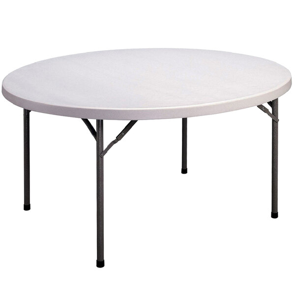 A gray granite Correll round folding table with metal legs.