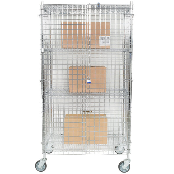 A Regency chrome wire security cage with boxes inside.