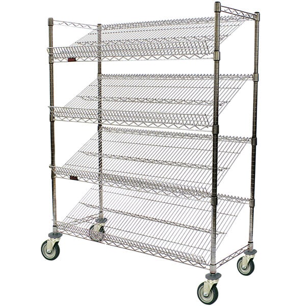 A chrome metal Eagle Group merchandising rack with slanted shelves and wheels.