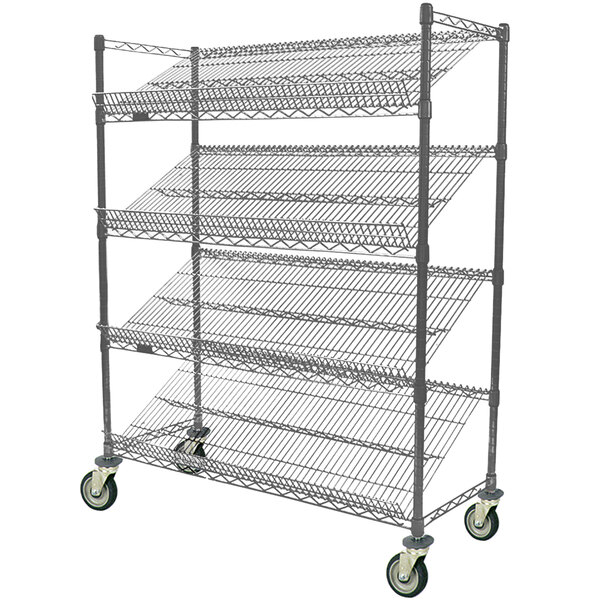 An Eagle Group Valu-Master gray metal slant rack with four shelves and wheels.