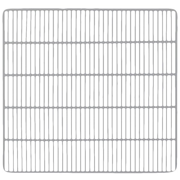 A close-up of a gray metal grid with a white background.