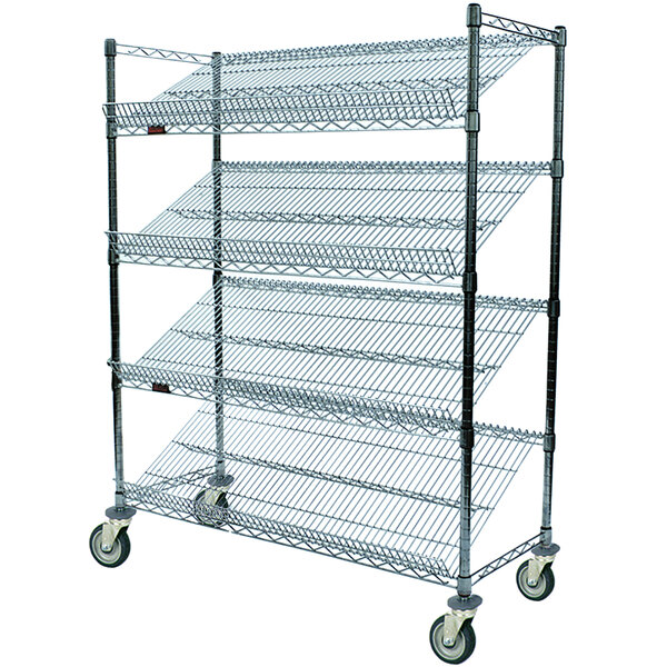 An Eagle Group EAGLEbrite zinc metal merchandising rack with wheels and angled shelves.