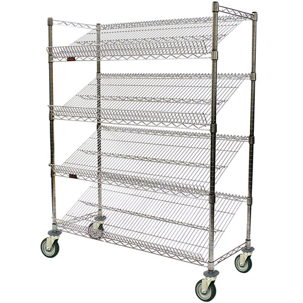 An Eagle Group chrome metal slant rack with wheels and three shelves.