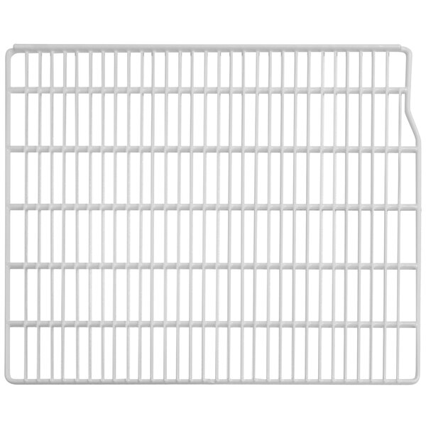 A white wire shelf with a grid pattern.