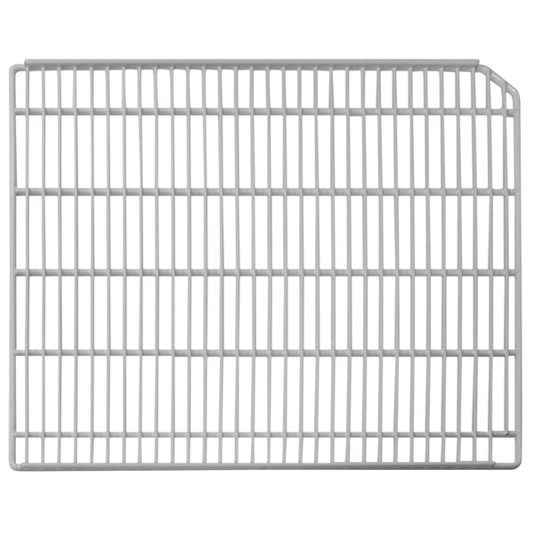 A white metal grid shelf with a white background.