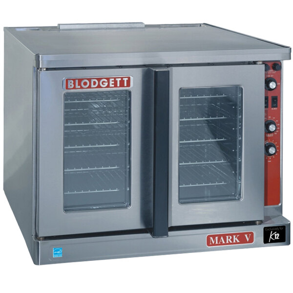 The base of a Blodgett Mark V-200 full-size electric convection oven with glass doors.