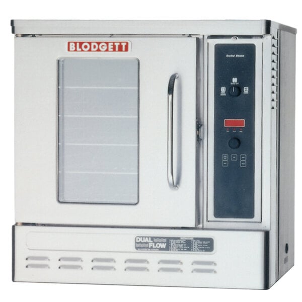 A white Blodgett convection oven with a door and a black handle.