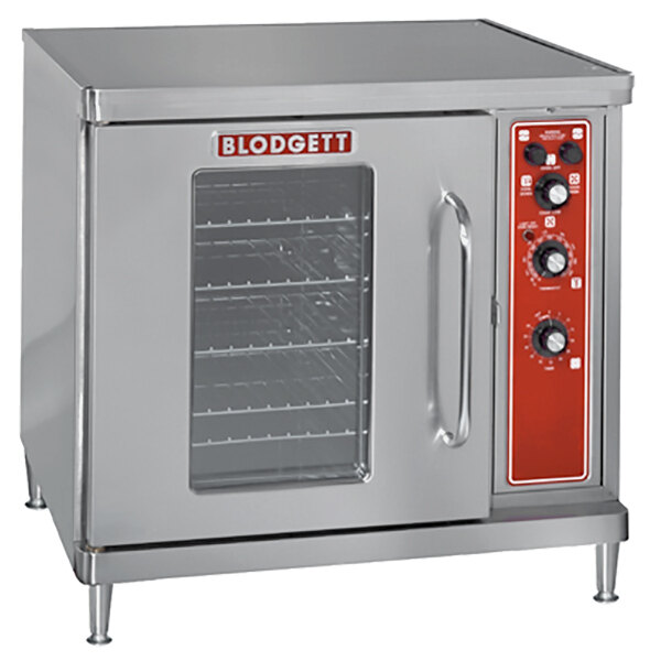 A close-up of a Blodgett electric convection oven with red handles and a red door.