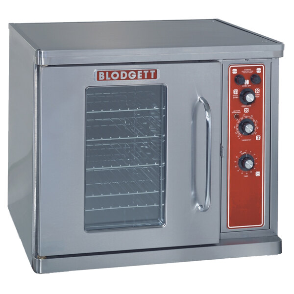 The base unit of a Blodgett Premium Series electric convection oven with a left-hinged door, open on a countertop.