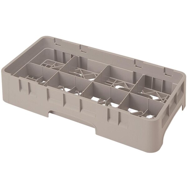 A beige plastic Cambro rack with 8 compartments and an extender for half size glasses.