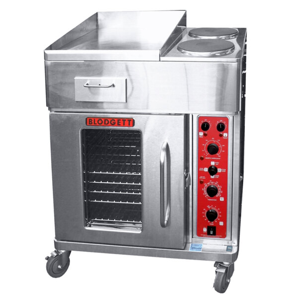 A large stainless steel Blodgett commercial electric oven with two burners and a convection oven base.