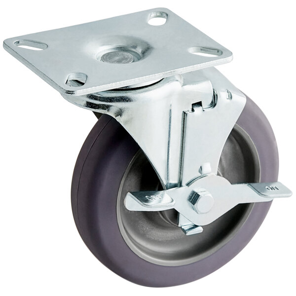 An Avantco swivel plate caster with a metal wheel and rubber tire on a metal plate.