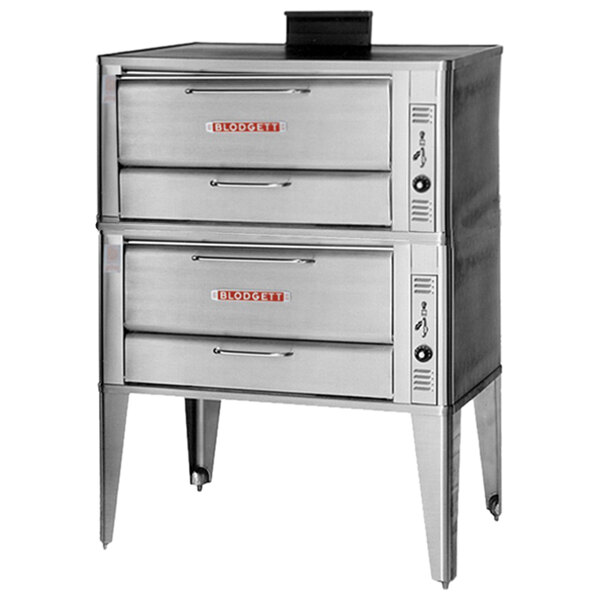 A stainless steel Blodgett double deck oven with draft diverter.