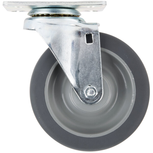 A grey swivel plate caster with a metal wheel and black base.